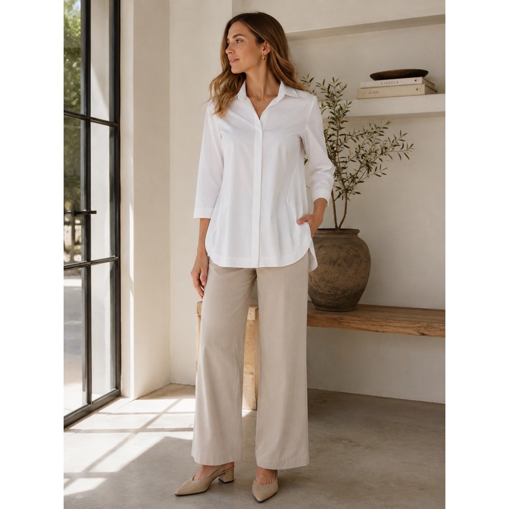 Lafayette 148 New York Marla White Hidden Placket Tunic Blouse L Stretch Cotton
